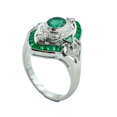 Art Deco Style 18 Karat White Gold, Emerald, and Diamond Ring