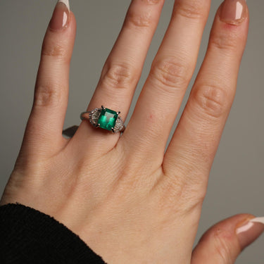 Vintage Classic Emerald and Diamond Solitaire Platinum Engagement Ring