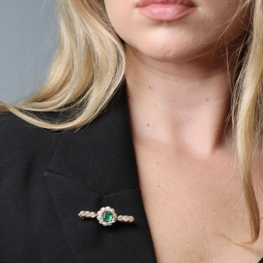 Victorian 18K Diamond Brooch Synthetic Emerald Yellow Gold ~3.64ctw
