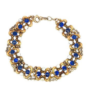 Art Nouveau Pearl and Synthetic Sapphire Fancy Chain Link Bracelet