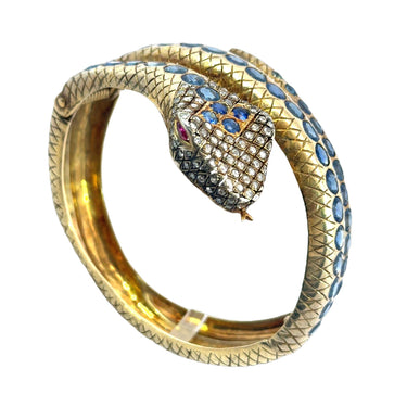 Vermeil Gold and Silver 9.6ct Natural Sapphire and Diamond Snake Bangle Bracelet