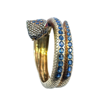 Vermeil Gold and Silver 9.6ct Natural Sapphire and Diamond Snake Bangle Bracelet