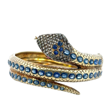 Vermeil Gold and Silver 9.6ct Natural Sapphire and Diamond Snake Bangle Bracelet