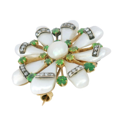 Spaulding and Co. Flower Motif Pendant Brooch Demantoid Garnets Diamond 14K Gold