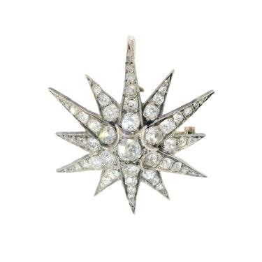 Victorian Diamond Star Pendant Brooch Silver-topped 14K Gold ~3.5ctw