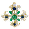 Vintage Diamond Fleur de Lis Pendant Brooch 18K Emeralds and Sapphires ~26.62ctw