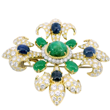 Vintage Diamond Fleur de Lis Pendant Brooch 18K Emeralds and Sapphires ~26.62ctw