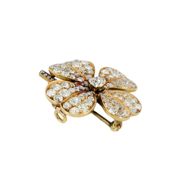 Victorian Diamond Clover Pendant Brooch in 18K Yellow Gold ~6.8ct Diamonds Total