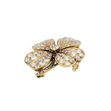 Victorian Diamond Clover Pendant Brooch in 18K Yellow Gold ~6.8ct Diamonds Total