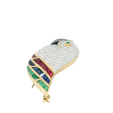 Modern Toucan Diamond Bird Brooch 18K Yellow Gold with Emerald Rubies Sapphires