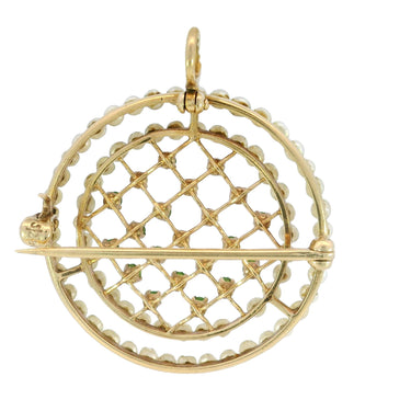 Victorian Demantoid Pendant Brooch Pearl Halo 14K Yellow Gold