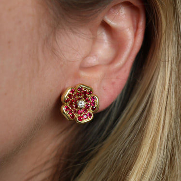 Asprey Ruby Diamond Earrings Flower Motif 18K Yellow Gold ~2.43ctw