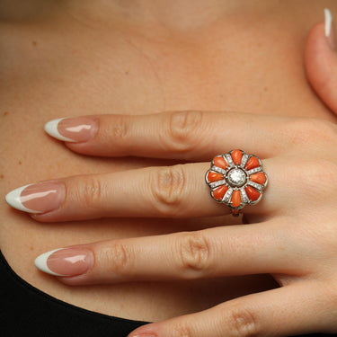 Unique Platinum Coral Diamond Cluster Ring European Cut Accents ~0.92ct Diamond