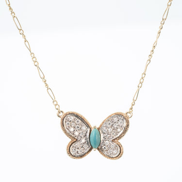 Vintage Hammerman Brothers Butterfly Necklace with Turquoise, Diamonds & Figaro