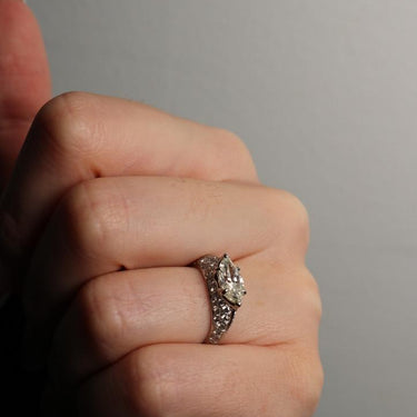 Vintage Diamond Engagement Ring East West Marquise Pave Set Platinum Mounting