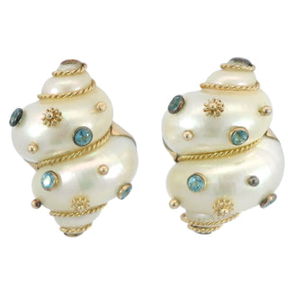 Maz Aquamarine Turbo Shell Clip On Earrings in 14K Gold