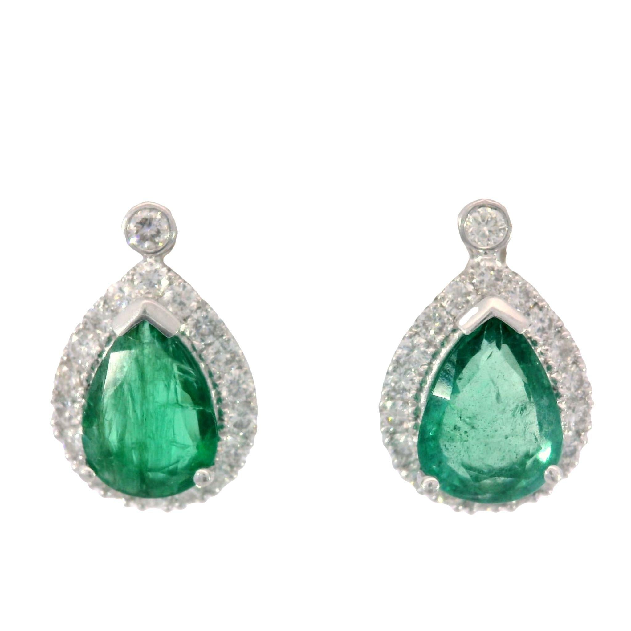 Modern Emerald Pear Shape and Diamond Stud Earrings in 18K White Gold