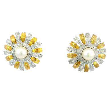 Vintage 18K Diamond and Pearl Sunflower Stud Earrings in White and Yellow Gold