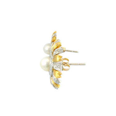 Vintage 18K Diamond and Pearl Sunflower Stud Earrings in White and Yellow Gold