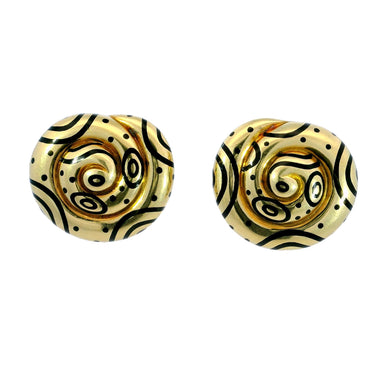 Elizabeth Gage Enamel Earrings Black Swirl Clip On Closure 1970s 18K Yellow Gold