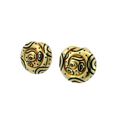 Elizabeth Gage Enamel Earrings Black Swirl Clip On Closure 1970s 18K Yellow Gold