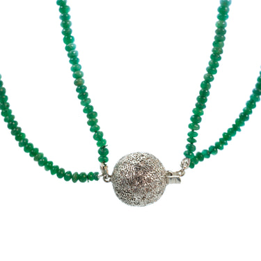 Graduated Beaded Emerald Necklace with Diamond Pendant in 14 Karat White Gold