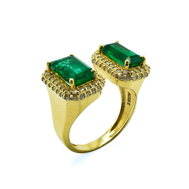 Two-Stone Emerald and Diamond 18 Karat Yellow Gold Emerald Cut Ring