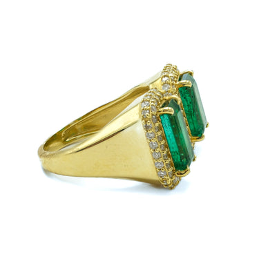 Two-Stone Emerald and Diamond 18 Karat Yellow Gold Emerald Cut Ring