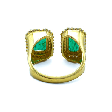 Two-Stone Emerald and Diamond 18 Karat Yellow Gold Emerald Cut Ring