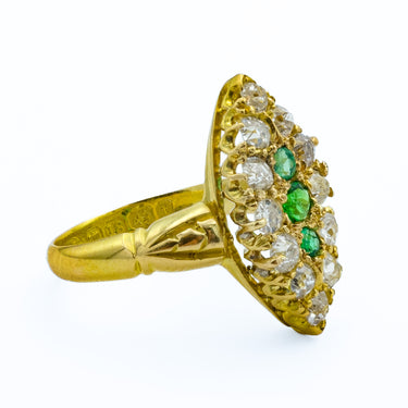English Victorian 18k Yellow Gold Emerald and Diamond Navette Ring