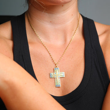 Masriera Plique-a-Jour Enamel Cross Pendant 18K Yellow Gold
