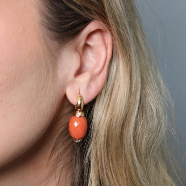 Estate 18K Coral Drop Earrings by Angeletti Roma Diamond Accents Yellow Gold