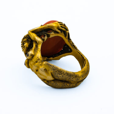 Figural Handmade Mermaid Lady Ring with 12.8 ct Coral and Rubies