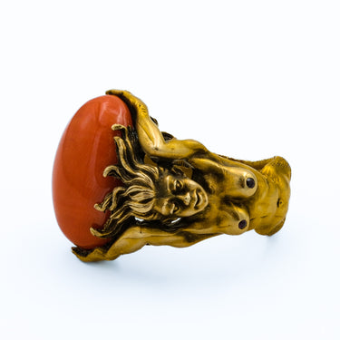 Figural Handmade Mermaid Lady Ring with 12.8 ct Coral and Rubies