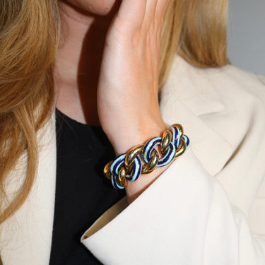 Vintage Heavy Curb Link Bracelet Light Dark Ocean Blue Enamel 7.5" Length