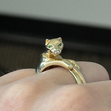 Vintage Cartier Trinity Panther Ring 18K Gold Diamond Nose and Emerald Eyes