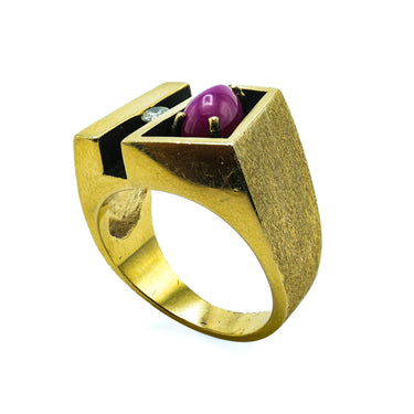 Modernist Star Ruby and Diamond Ring with Carved Face in 14 Karat Yellow Gold