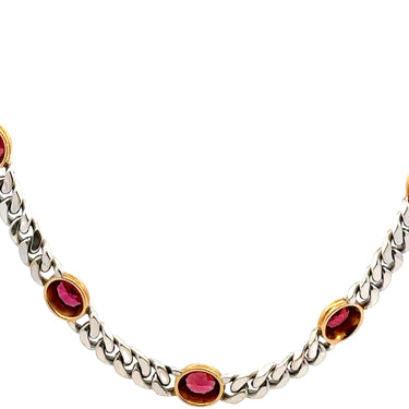 Bulgari Curb Chain Link Necklace with Bezel Set Garnet 18K White and Yellow Gold