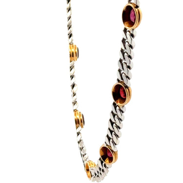 Bulgari Curb Chain Link Necklace with Bezel Set Garnet 18K White and Yellow Gold