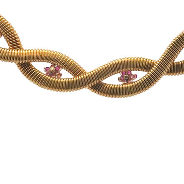 Retro Double Tubogas Necklace with Diamonds and Rubies in 18 Karat Yellow Gold