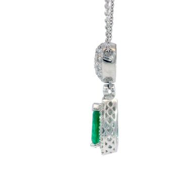 Modern Pear Shaped Emerald and Diamond Drop Pendant Necklace in 18K White Gold