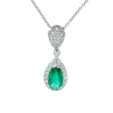 Modern Pear Shaped Emerald and Diamond Drop Pendant Necklace in 18K White Gold