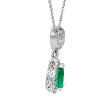 Modern Pear Shaped Emerald and Diamond Drop Pendant Necklace in 18K White Gold