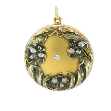 Art Nouveau Floral Locket with Old Mine Cut Diamond Center in 14K Gold