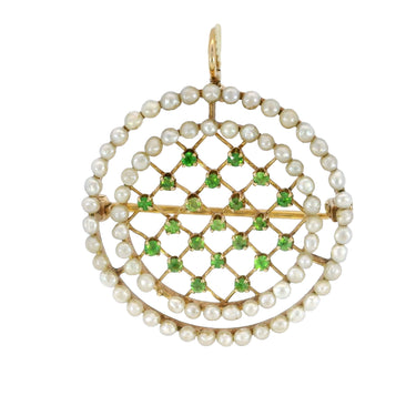 Victorian Demantoid Pendant Brooch Pearl Halo 14K Yellow Gold