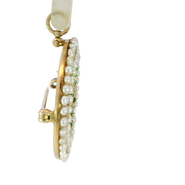 Victorian Demantoid Pendant Brooch Pearl Halo 14K Yellow Gold