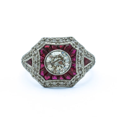 Art Deco Style Platinum Ruby & Diamond Ring with Baguette Cut Rubies & Round Diamonds