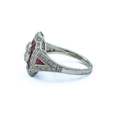 Art Deco Style Platinum Ruby & Diamond Ring with Baguette Cut Rubies & Round Diamonds