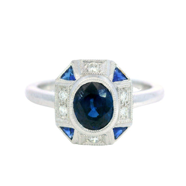 Art Deco Style Blue Sapphire and Diamond Ring Button Ring in 18K white Gold