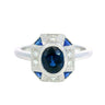 Art Deco Style Blue Sapphire and Diamond Ring Button Ring in 18K white Gold